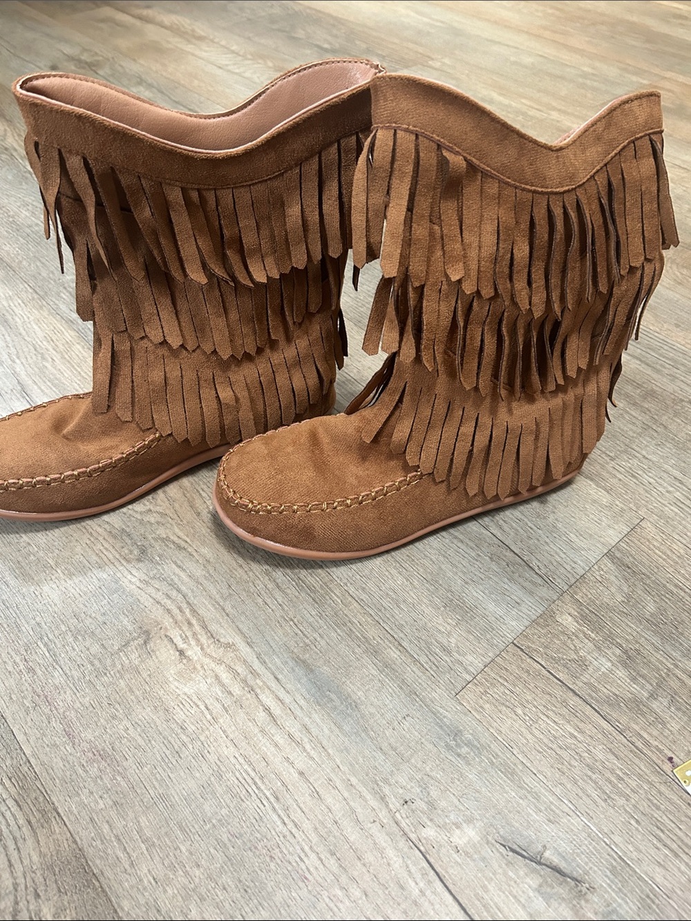 Fringed  Faux Suede Moccasin Boots - Brown